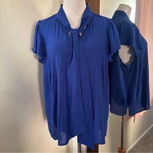 ELOQUII Blue Flutter Sleeve Sheer Tie Neck Blouse Size 20